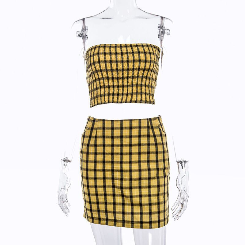 Plaid Strapless Crop Top with High Waist Bodycon Short Skirt Women Two Pieces Set