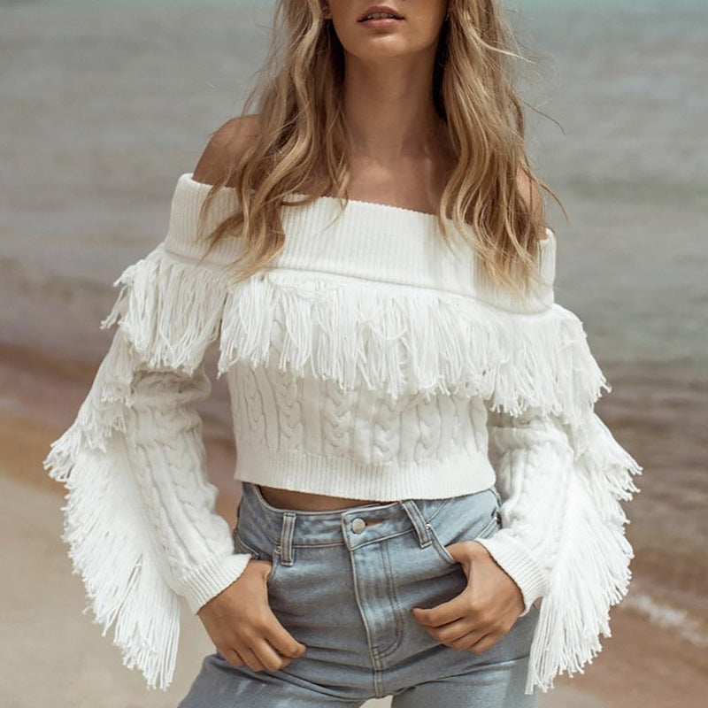 Off Shoulder Tassels Cable Knit Women Sweater