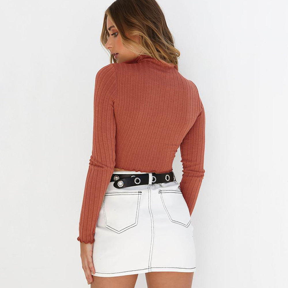 Turtleneck Slim Knit Women Cropped Short Sweater