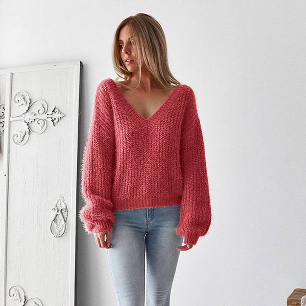 2018 V-neck Open Back Long Sleeves Loose Women Candy Color Sweater