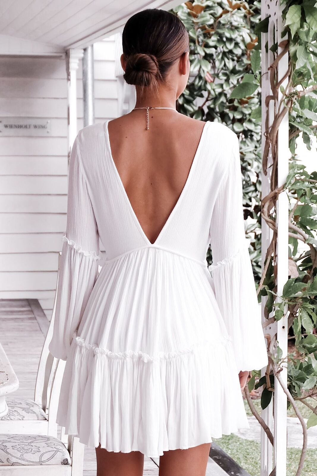Deep V-neck Long Lantern Women Loose White Short Dress