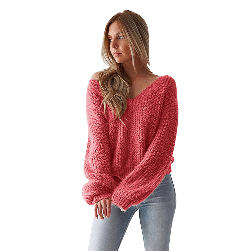 2018 V-neck Open Back Long Sleeves Loose Women Candy Color Sweater