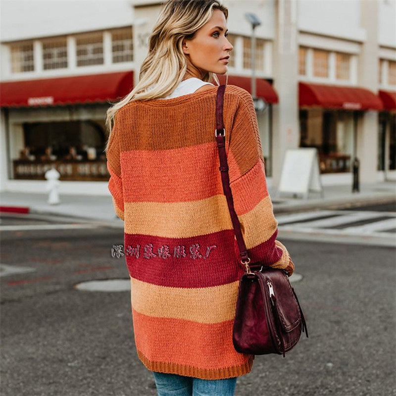 Long Rainbow Stripe Loose Women Cardigan Sweater