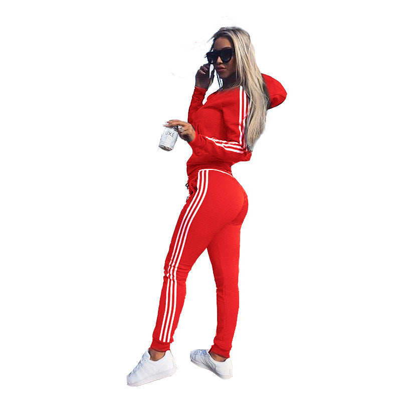 Stripe Zipper Hoodie with Long Skinny Pants Women Two Pieces Sports Set