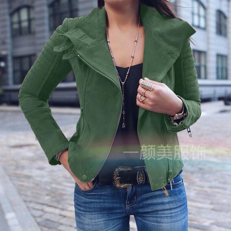 Solid Color Lapel Zippers Women Slim Short Jacket with Plus Size