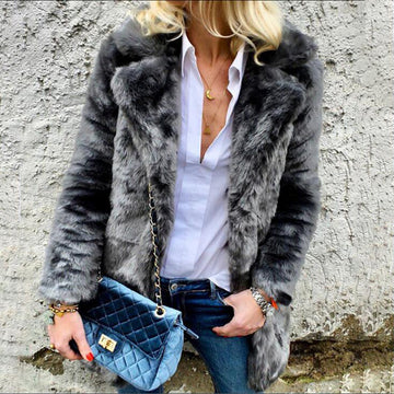 Lapel Collar Solid Color Faux Fur Women Long Teddy Coat