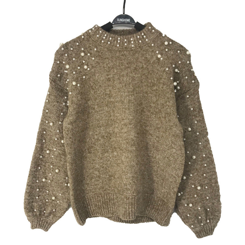 Beads High Neck Long Lantern Sleeves Cropped Pullover Sweater
