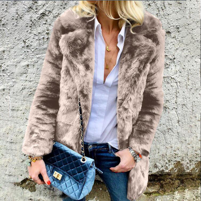 Lapel Collar Solid Color Faux Fur Women Long Teddy Coat