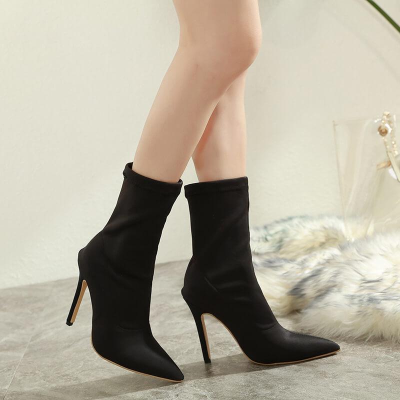Black High Heel Stretch Ankle Boots