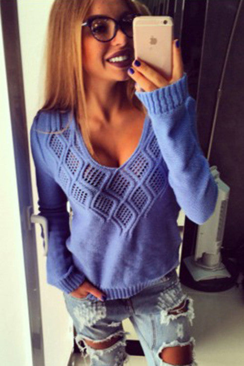 Rhombus Pure Color V-neck Long Sleeves Sweater