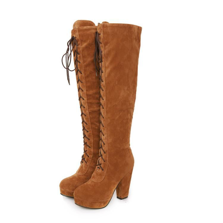 British Style High Heel Cross Strap High Thick Boots