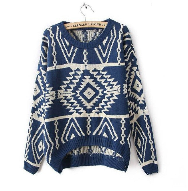 Geometric Argyle Long-Sleeved Loose Knit Scoop Pullover Sweater