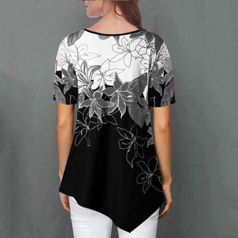 Summer Flower Print Short Sleeve Loose Irregular T-shirts