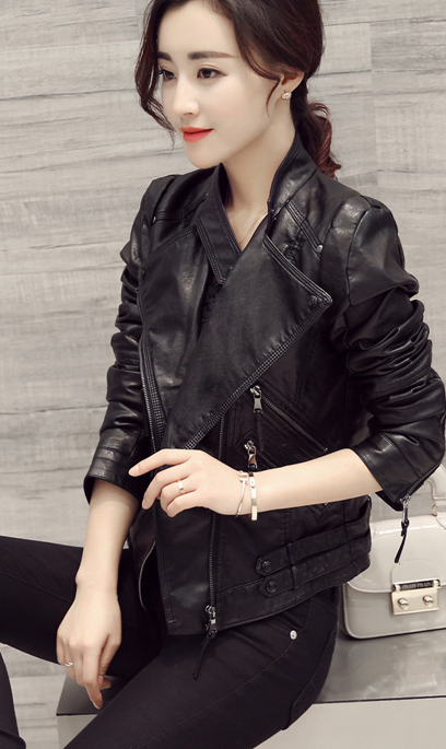 Black Oblique Zipper Slim Stand Collar Crop Jacket - Meet Yours Fashion - 1