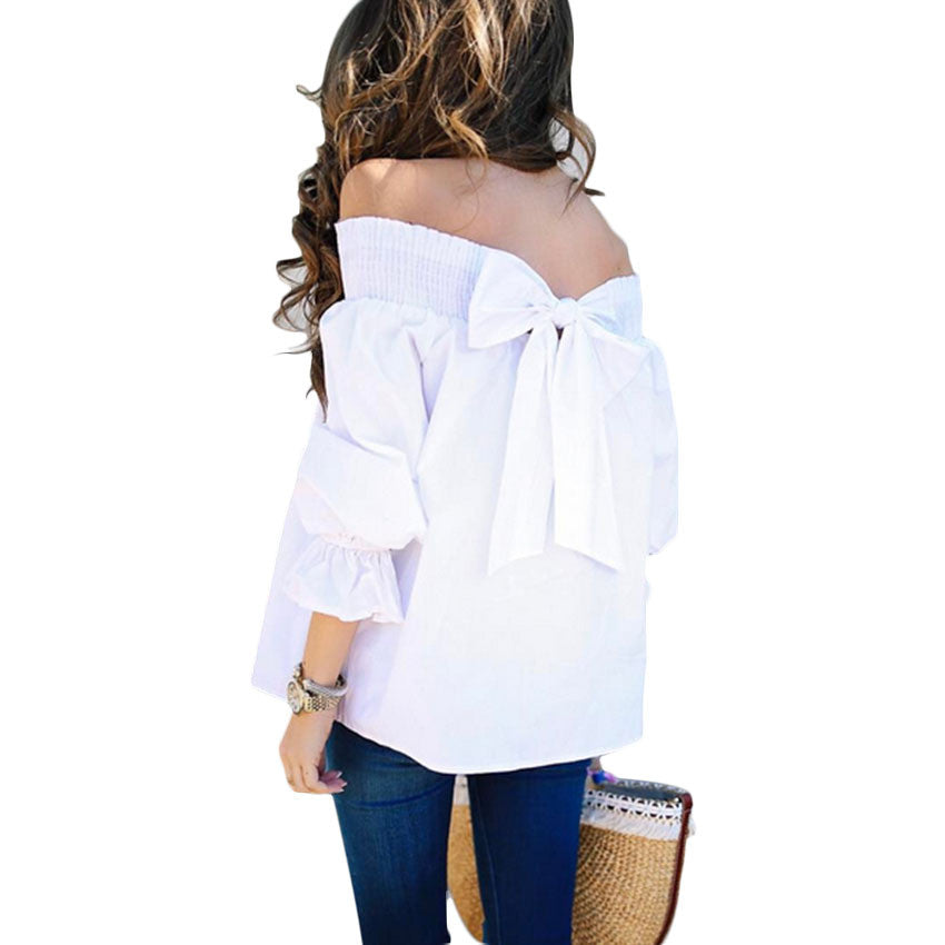 Off Shoulder Pure Color Back Bow-knot 3/4 Sleeves T-shirt