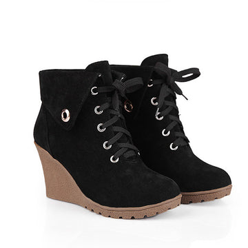 Curled Edge Lace UP Round Toe Wedge Short Boots