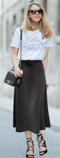 Lace Up Elastic Solid Pleated Long Skirt - Meet Yours Fashion - 1