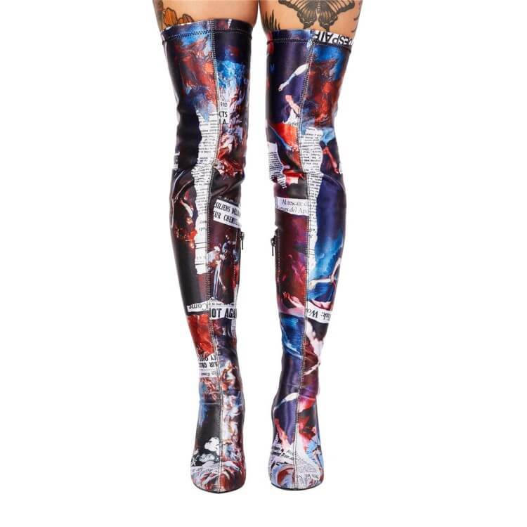 Party Stretch Print Point Toe Zipper Over Knee Boots