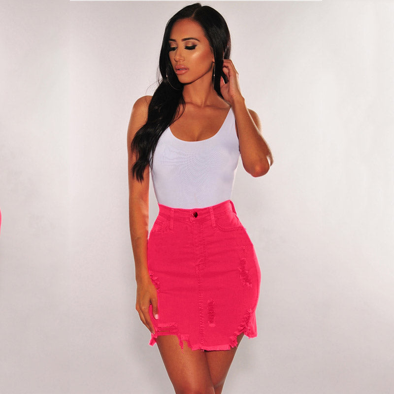 Sexy Candy Color Stretch Ripped Bodycon Mini Skirts
