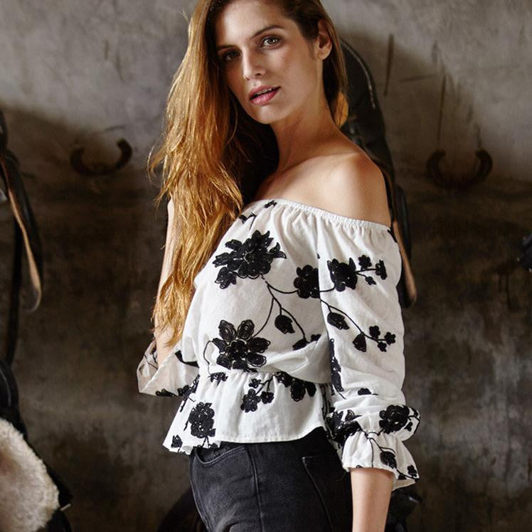Off-shoulder Flower Print Strapless Loose Sexy Blouse - Meet Yours Fashion - 2