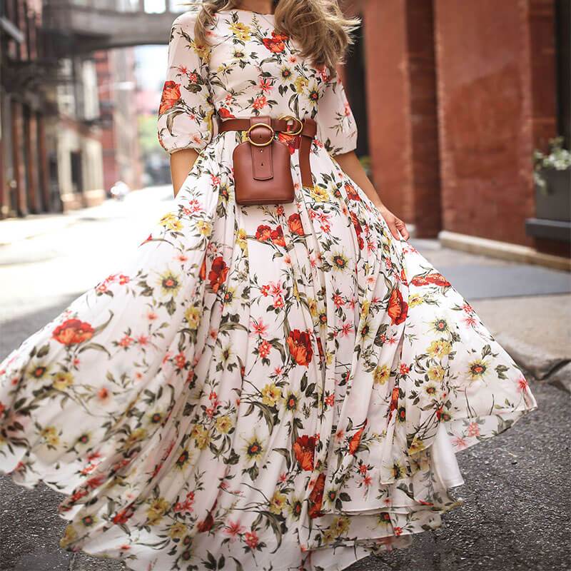 Retro Floral Half Sleeve Maxi Dress