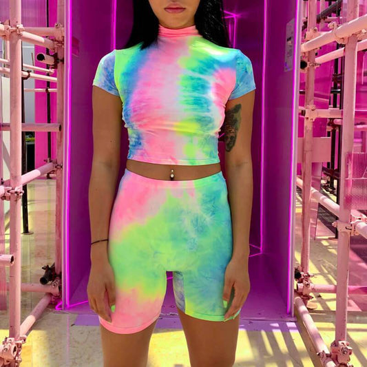 Party Tie Dye Short Sleeve High Waist Bodycon Slim Two Pieces Set