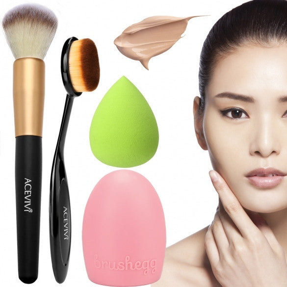ACEVIVI Cosmetic Tool Makeup Face Powder/ Blush Brush + Puff Sponge + Makeup Brush Cleaner