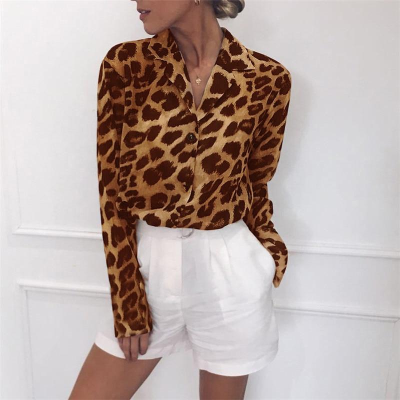 Vintage Blouse Long Sleeve Leopard Print Blouse Turn Down Collar Office Shirt Tunic Casual Loose Tops
