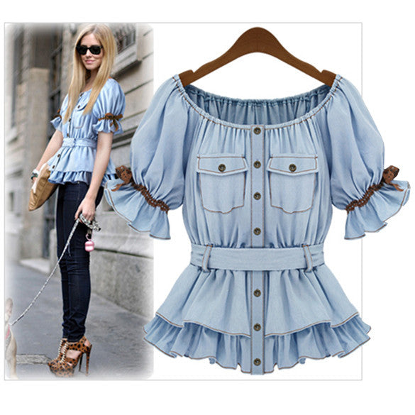 Faux Denim Women Butterfly Blouse Sashes Tops - MeetYoursFashion - 2