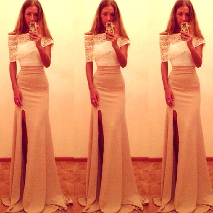 Off Shoulder Two-Piece Sexy Slit Full Length Dress - Meet Yours Fashion - 1