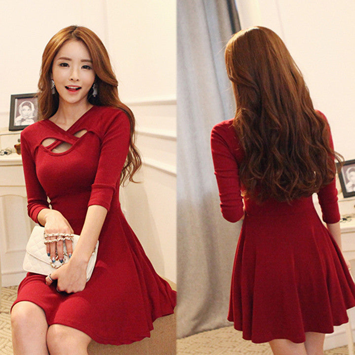 Hollow Out 3/4 Sleeve Bodycon Pleated Dress - MeetYoursFashion - 1