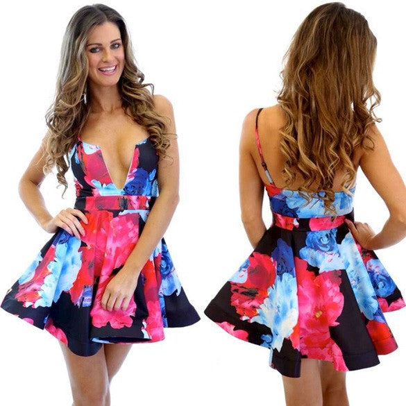 Floral Printing Straps Padded Short Dress - Meet Yours Fashion - 1