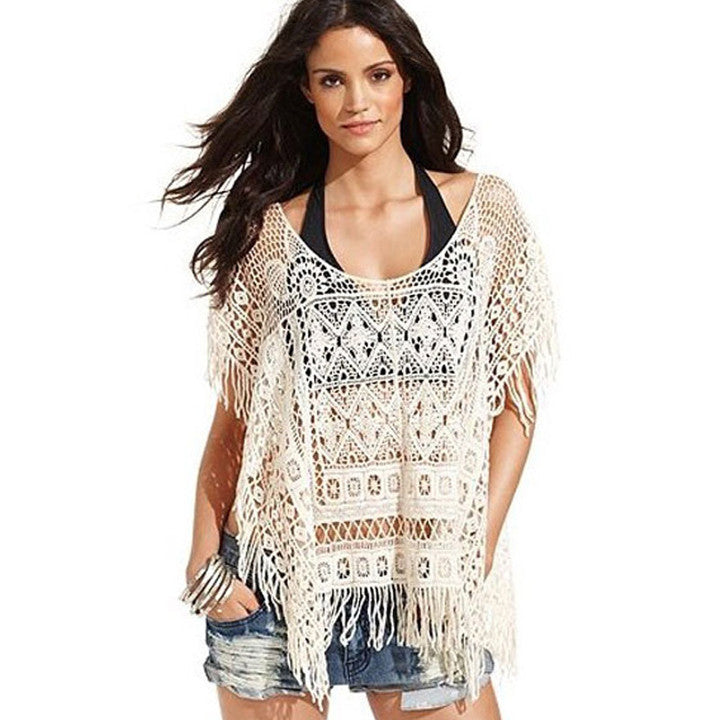 Hollow Out Crochet Knit Loose Tassels Top Blouse - MeetYoursFashion - 1