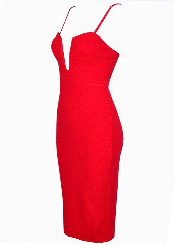 Spaghetti Strap Deep V-neck Bodycon Knee-length Red Dress - MeetYoursFashion - 6