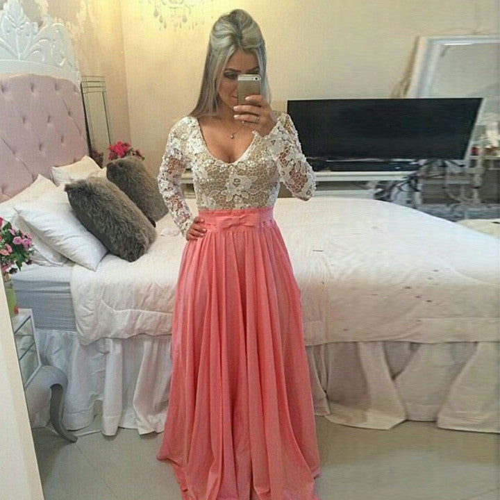 Long Sleeve O-neck Sexy Long Lace Prom Dress - MeetYoursFashion - 1