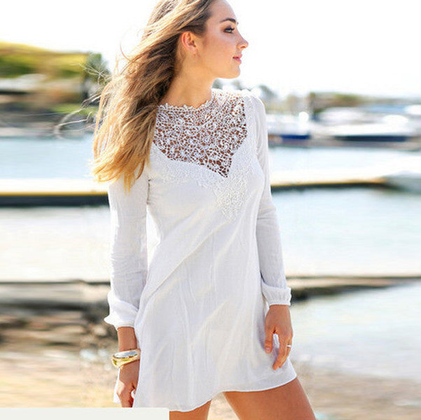 Lace Splicing Chiffon Long Sleeve Short Beach Dress - MeetYoursFashion - 1