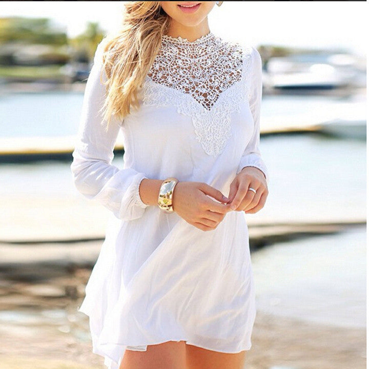 Lace Splicing Chiffon Long Sleeve Short Beach Dress - MeetYoursFashion - 3