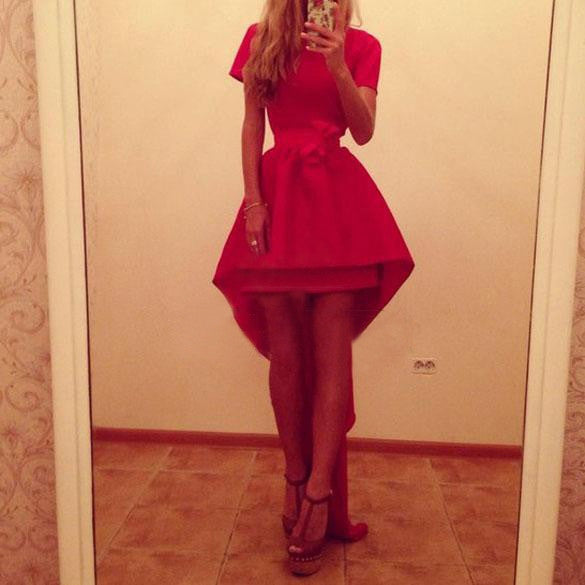 Asymmetric High Waist Short Sleeve Red Party Dress - MeetYoursFashion - 4