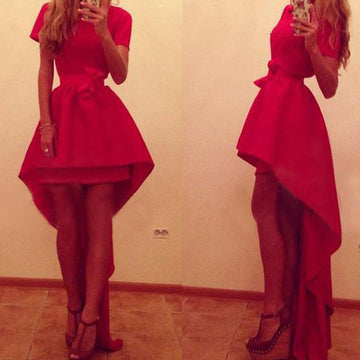 Asymmetric High Waist Short Sleeve Red Party Dress - MeetYoursFashion - 1