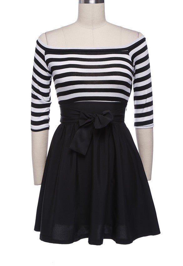 Half Sleeves Off Shoulder Stripe Stitching Short Dress - MeetYoursFashion - 4