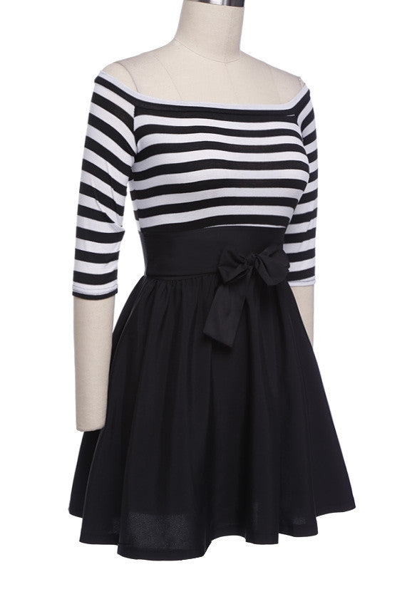 Half Sleeves Off Shoulder Stripe Stitching Short Dress - MeetYoursFashion - 5
