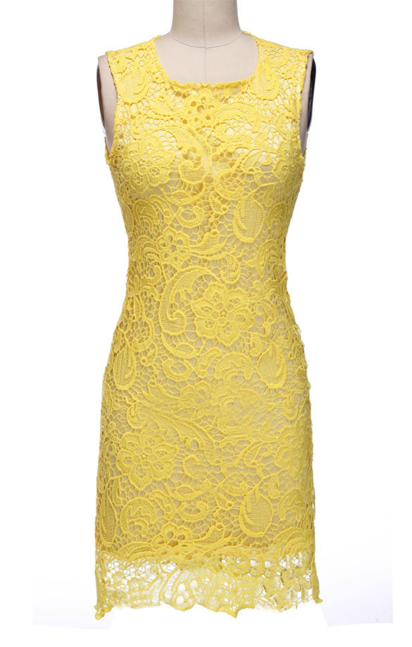 Backless Pure Yellow O-neck Lace Sleeveless Dress - MeetYoursFashion - 2