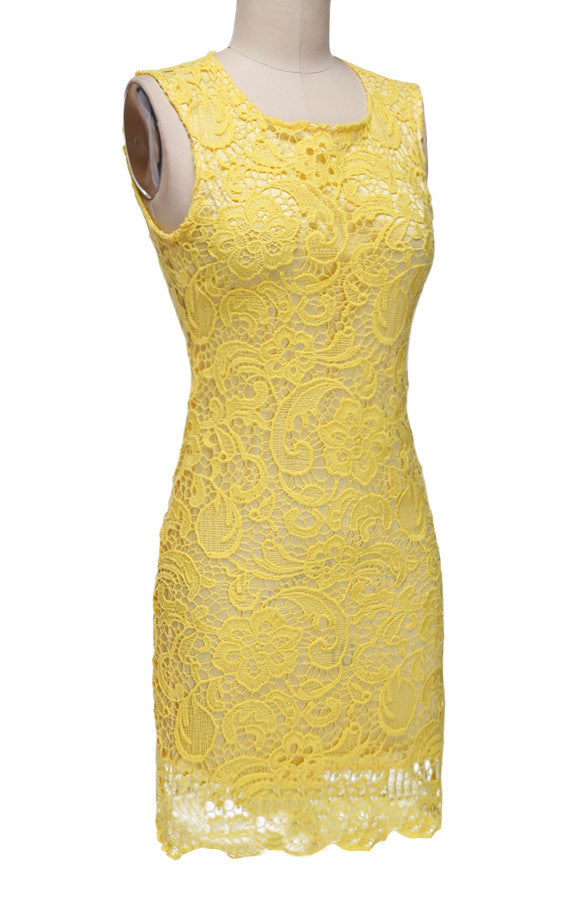 Backless Pure Yellow O-neck Lace Sleeveless Dress - MeetYoursFashion - 3