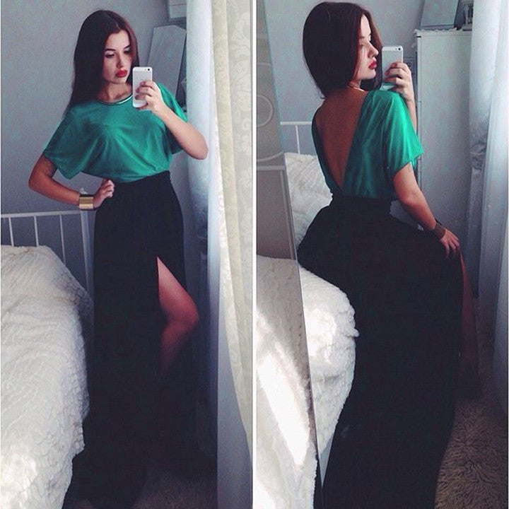 Short Sleeve Backless Colors Splicing Slit Long Dress - MeetYoursFashion - 1