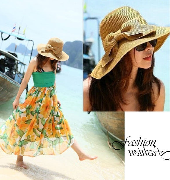 New Fashion Women's Foldable Wide Brim Bowknot Decoration Beach Straw Hat Cap