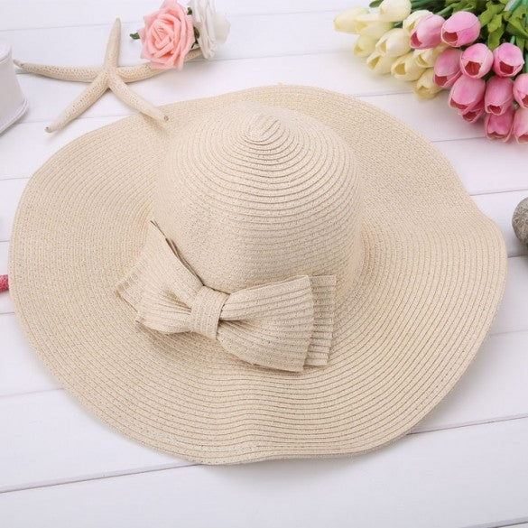 New Fashion Women's Foldable Wide Brim Bowknot Decoration Beach Straw Hat Cap