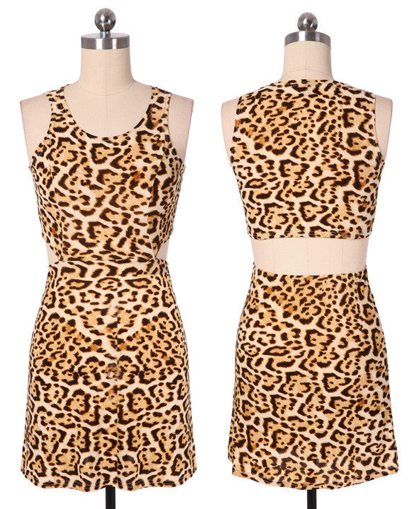 Sleeveless O-neck Waist Slitting Leopard Cut Out Mini Dress - MeetYoursFashion - 4