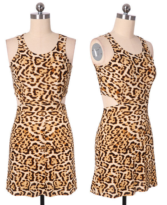 Sleeveless O-neck Waist Slitting Leopard Cut Out Mini Dress - MeetYoursFashion - 3