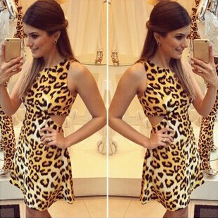 Sleeveless O-neck Waist Slitting Leopard Cut Out Mini Dress - MeetYoursFashion - 1