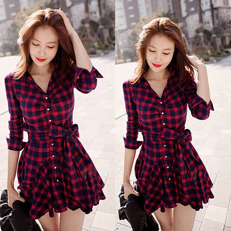 Lapel Plaid V-neck Long Sleeves with Belt Short Dress - MeetYoursFashion - 1
